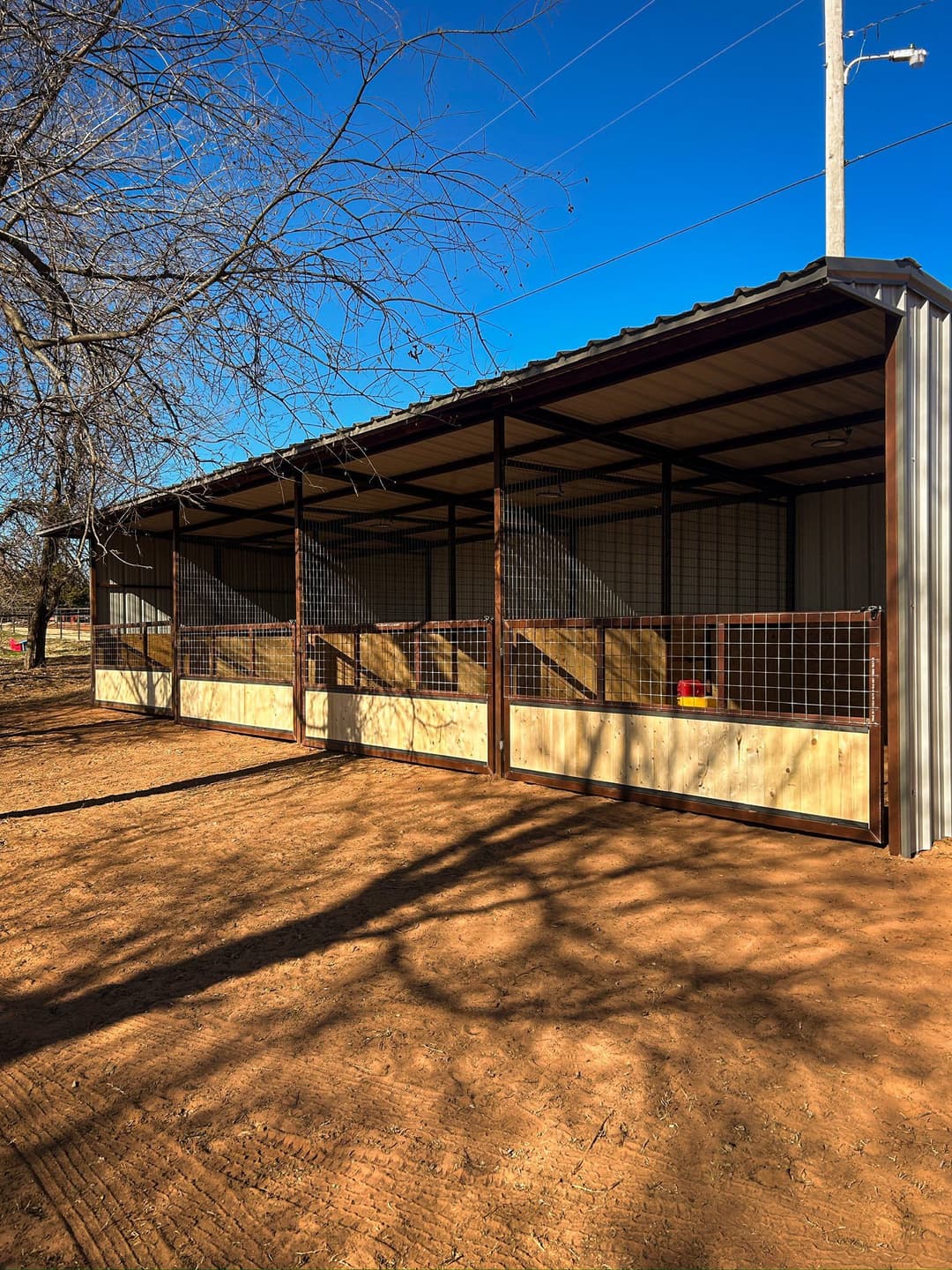 Modern metal horse barn with spacious stalls and a clear blue sky in the background.